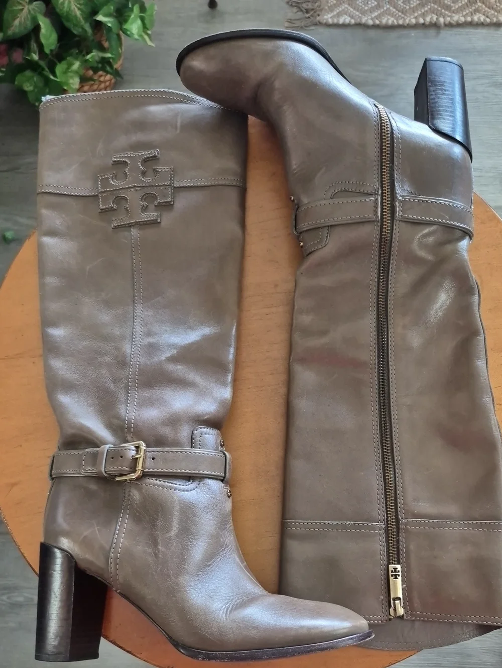 Tory Burch Taupe Leather Knee High Stacked 4